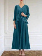 A-line V-Neck Ankle-Length Chiffon Mother of the Bride Dress With Sequins Appliques Lace Beading