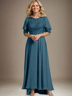 A-line Scoop Illusion Asymmetrical Chiffon Lace Mother of the Bride Dress With Beading