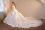 Regal Ivory High-Neck Lace Ball Gown with Sheer Sleeves, Ruffled Details & Crystal Embroidery A006