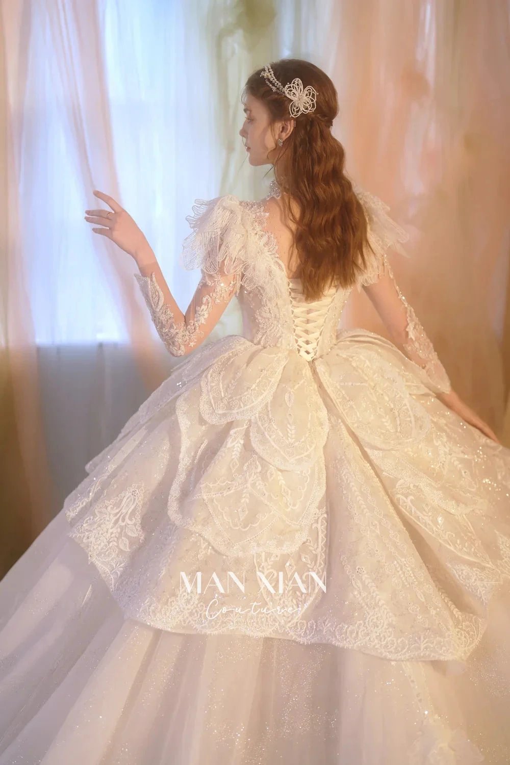 Regal Ivory High-Neck Lace Ball Gown with Sheer Sleeves, Ruffled Details & Crystal Embroidery A006