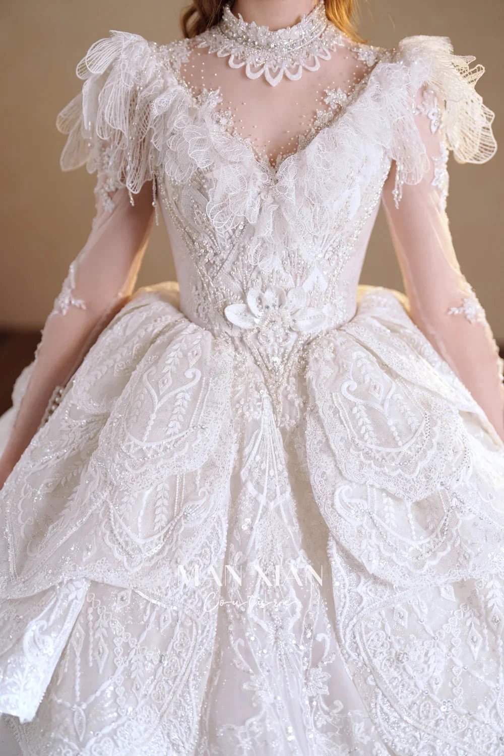 Regal Ivory High-Neck Lace Ball Gown with Sheer Sleeves, Ruffled Details & Crystal Embroidery A006