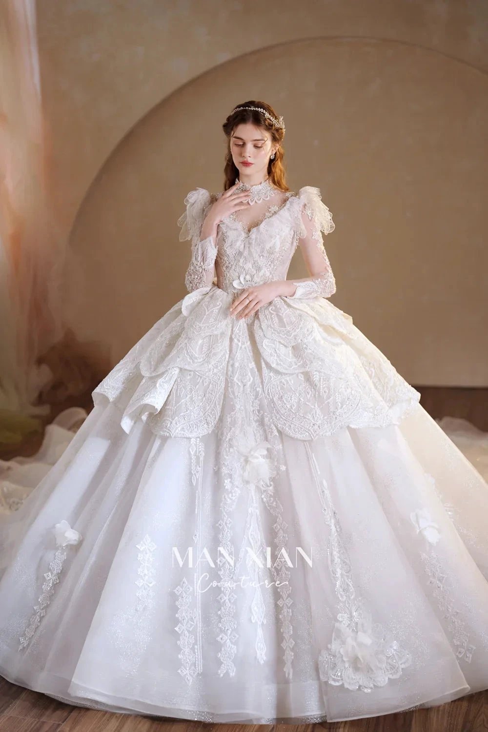Regal Ivory High-Neck Lace Ball Gown with Sheer Sleeves, Ruffled Details & Crystal Embroidery A006