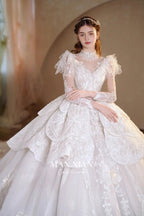 Regal Ivory High-Neck Lace Ball Gown with Sheer Sleeves, Ruffled Details & Crystal Embroidery A006