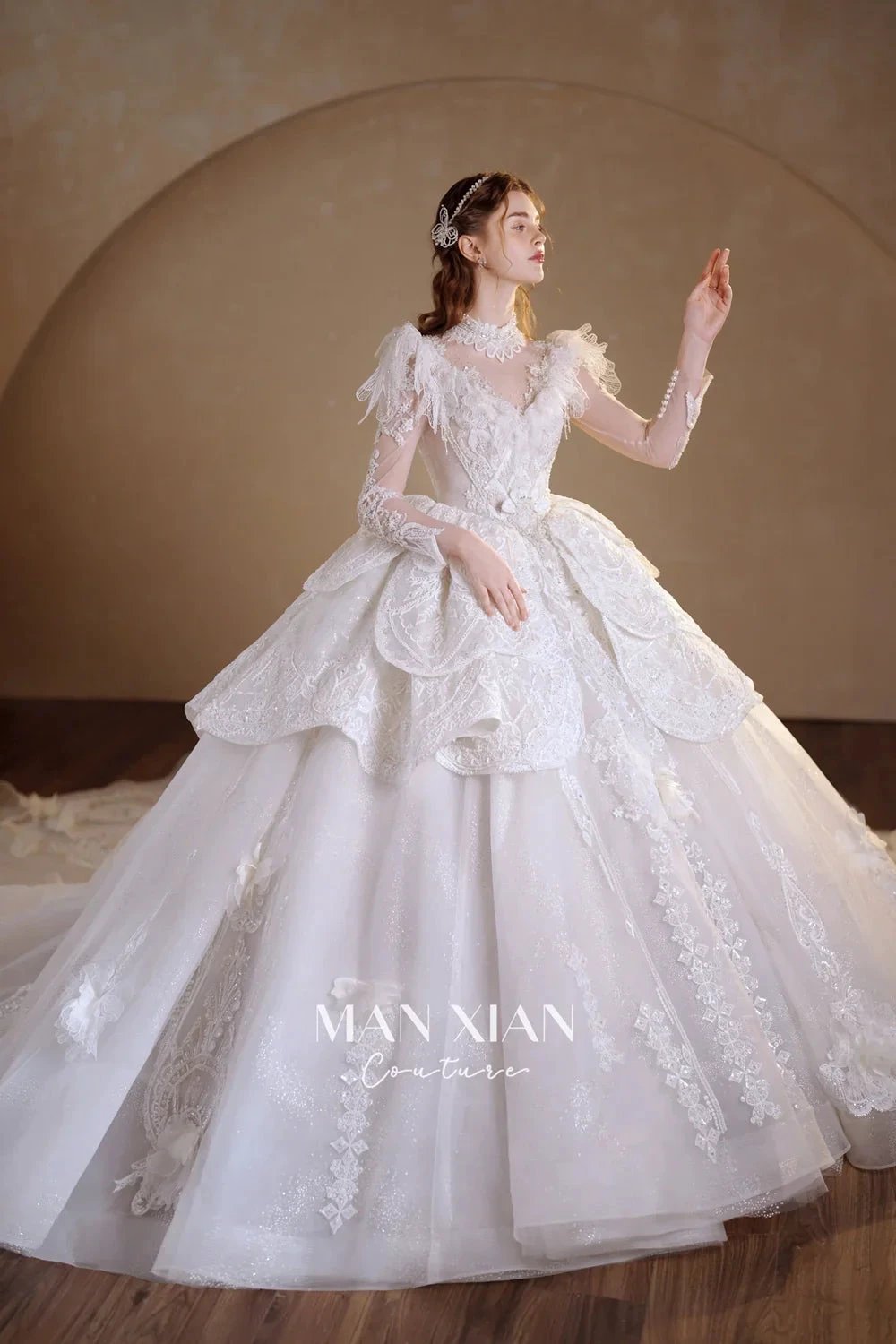Regal Ivory High-Neck Lace Ball Gown with Sheer Sleeves, Ruffled Details & Crystal Embroidery A006