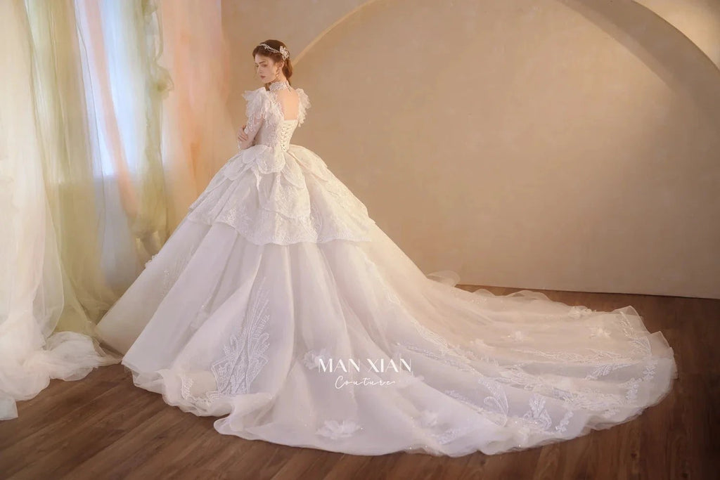 Regal Ivory High-Neck Lace Ball Gown with Sheer Sleeves, Ruffled Details & Crystal Embroidery A006
