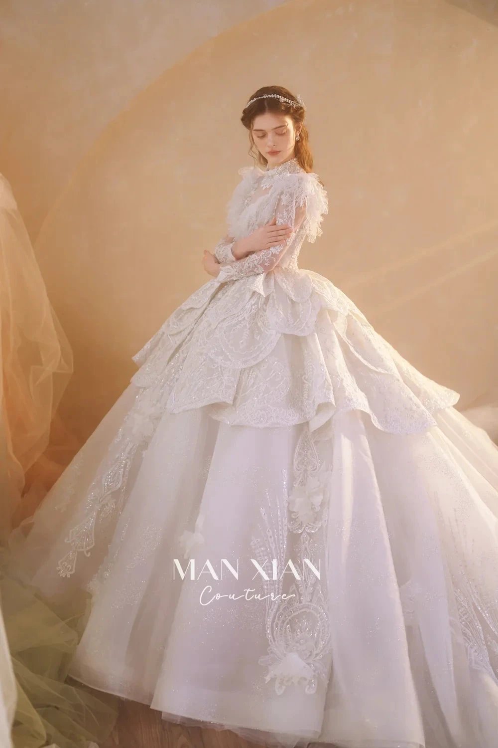 Regal Ivory High-Neck Lace Ball Gown with Sheer Sleeves, Ruffled Details & Crystal Embroidery A006
