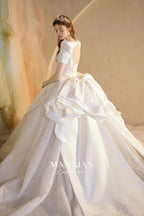 Regal Ivory Square-Neck Satin Ball Gown with Puff Sleeves, Pearl Embroidery & Oversized Bow Train m011