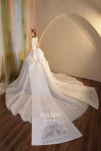 Regal Ivory Square-Neck Satin Ball Gown with Puff Sleeves, Pearl Embroidery & Oversized Bow Train m011