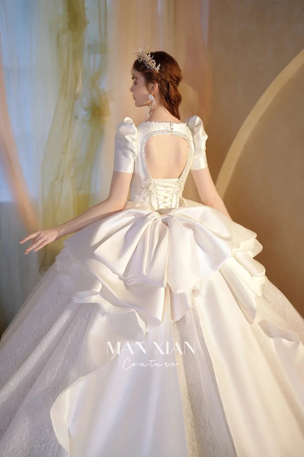 Regal Ivory Square-Neck Satin Ball Gown with Puff Sleeves, Pearl Embroidery & Oversized Bow Train m011
