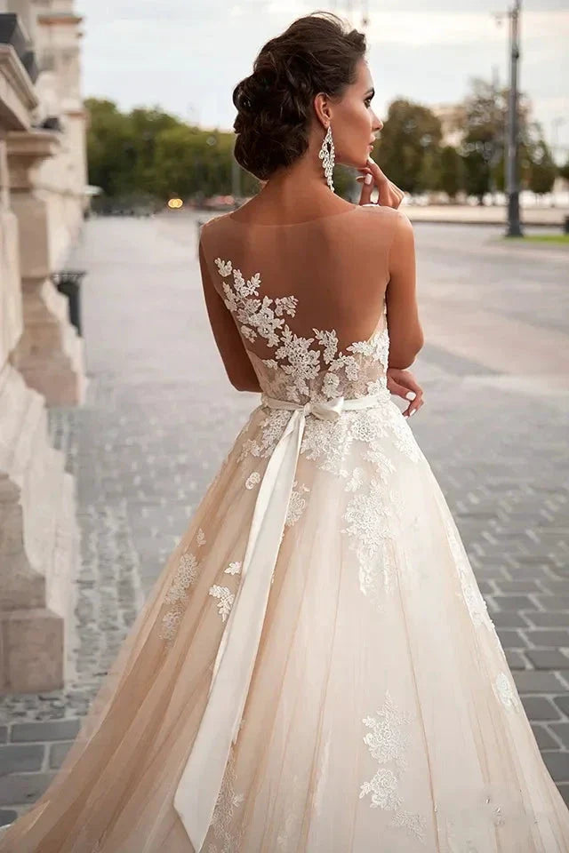 Transparent Champagne Bride with Removable Pearl Belt Sleeveless Bare Back Lace2023 Series wedding dress