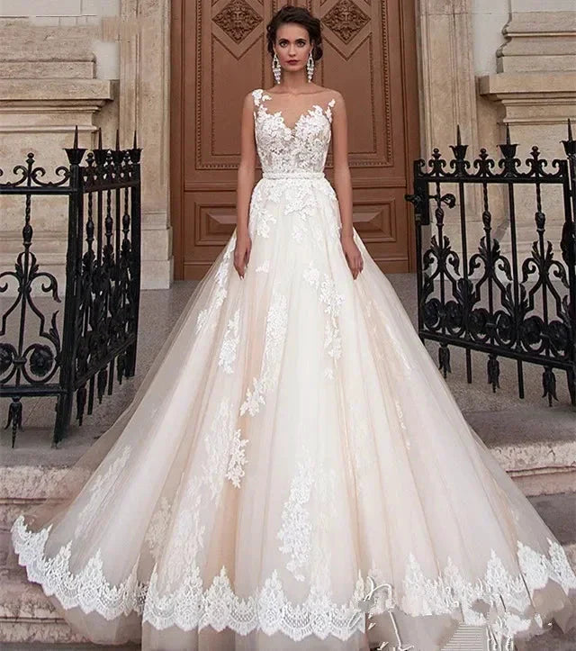 Transparent Champagne Bride with Removable Pearl Belt Sleeveless Bare Back Lace2023 Series wedding dress