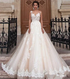 Transparent Champagne Bride with Removable Pearl Belt Sleeveless Bare Back Lace2023 Series wedding dress