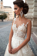 Transparent Champagne Bride with Removable Pearl Belt Sleeveless Bare Back Lace2023 Series wedding dress