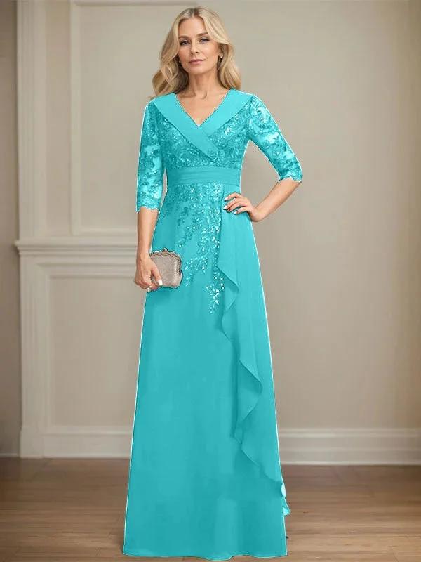A-line Collared V-Neck Floor-Length Lace Chiffon Mother of the Bride Dress With Sequins Cascading Ruffles