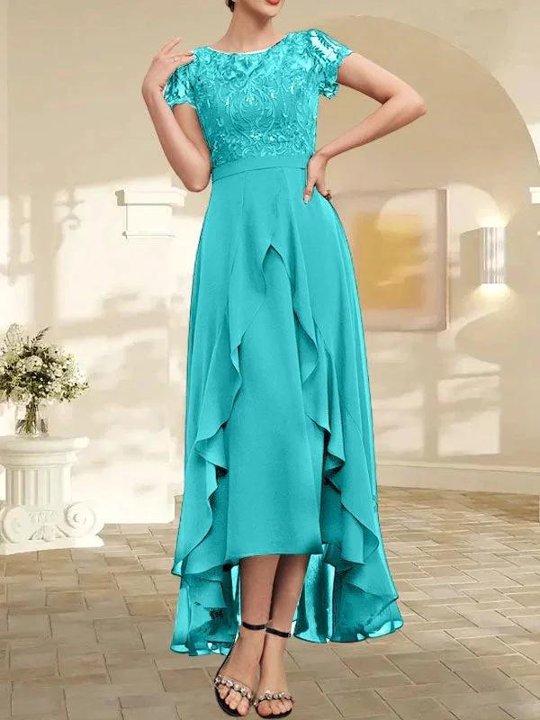 A-line Scoop Illusion Asymmetrical Chiffon Lace Mother of the Bride Dress With Bow Ruffle Sequins