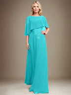 A-line Scoop Floor-Length Chiffon Lace Mother of the Bride Dress With Sequins Beading