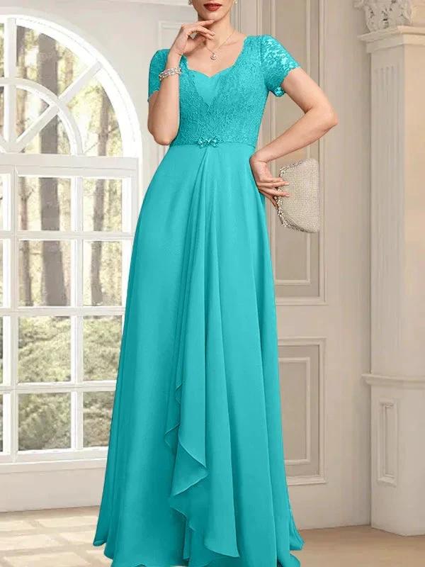 A-line Sweetheart Floor-Length Chiffon Lace Mother of the Bride Dress With Beading Cascading Ruffles