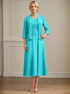 A-line Scoop Tea-Length Lace Chiffon Mother of the Bride Dress