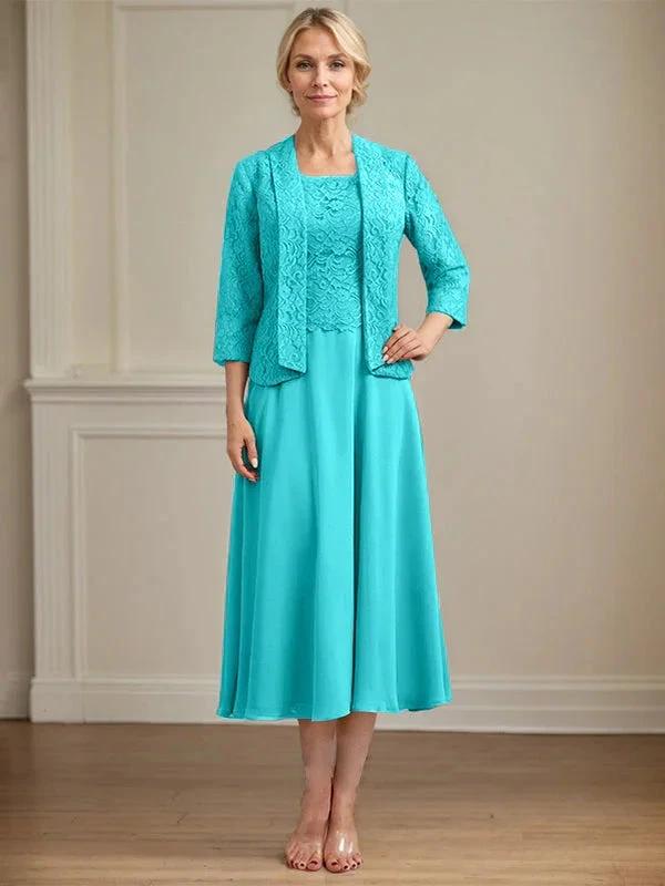 A-line Scoop Tea-Length Lace Chiffon Mother of the Bride Dress