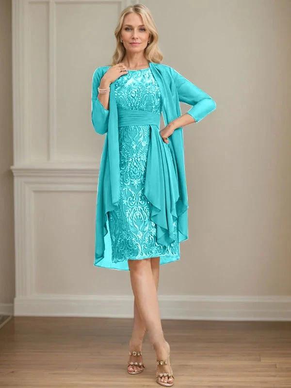 Sheath/Column Scoop Illusion Knee-Length Lace Chiffon Mother of the Bride Dress With Cascading Ruffles Sequins