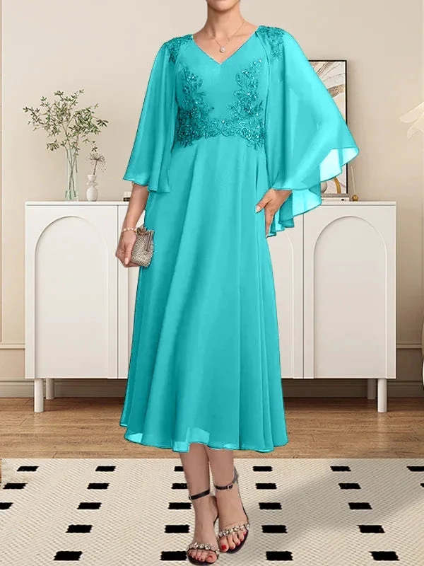 A-line V-Neck Tea-Length Chiffon Lace Mother of the Bride Dress With Beading Sequins