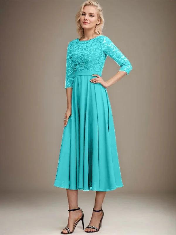 A-line Scoop Tea-Length Lace Chiffon Mother of the Bride Dress With Sequins