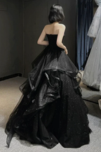 Black tulle long prom dress A line evening gown Y74