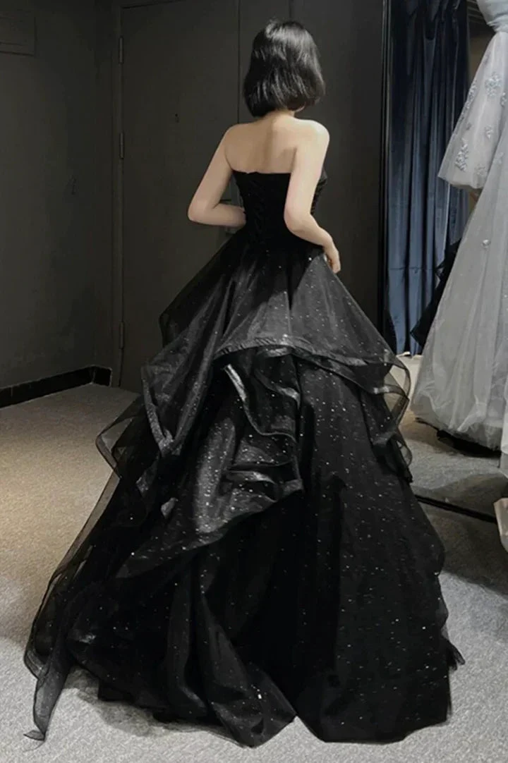 Black tulle long prom dress A line evening gown Y74