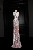 Luxury Deep V Sequin Backless Long Evening Dress Formal Prom Dress Y8683