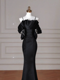 Elegant Black Spaghetti Straps Satin Off The Shoulder Mermaid Evening Dress Prom Dress Y8641