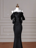 Elegant Black Spaghetti Straps Satin Off The Shoulder Mermaid Evening Dress Prom Dress Y8641