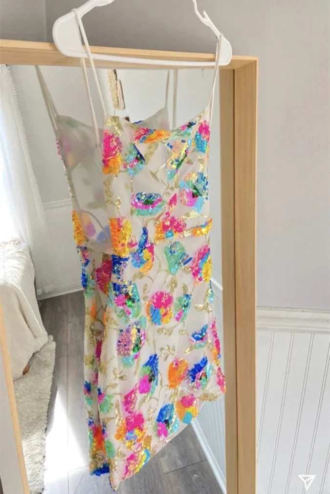 White Multi-Colors Sequins Backless Straps Sheath Homecoming Dress Y2798