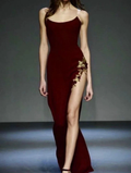 Vintage Burgundy Mermaid Appliques Evening Dress Side Slit Prom Dress Y7724