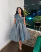 Shiny Blue One Shoulder Midi-length Evening Dress Y4970