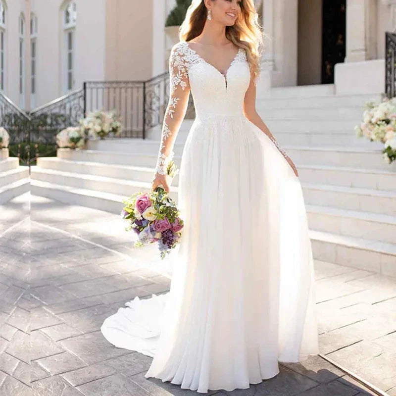 V Neck Long Sleeves Wedding Dresses Open Back White Lace Applique Bridal Dress For Wedding Party Country Vestido De Novia A-line