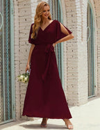 Numbersea V-Neck Bridesmaid Dress Long Formal Dresses with Belt for 28022