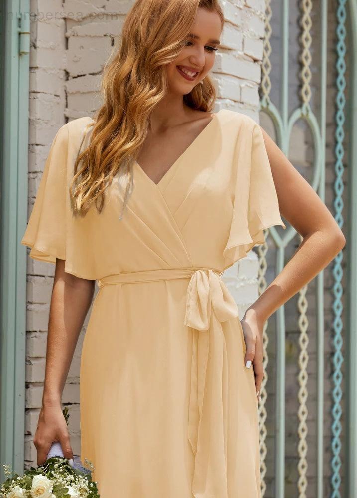 Numbersea V-Neck Bridesmaid Dress Long Formal Dresses with Belt for 28022