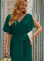 Numbersea V-Neck Bridesmaid Dress Long Formal Dresses with Belt for 28022