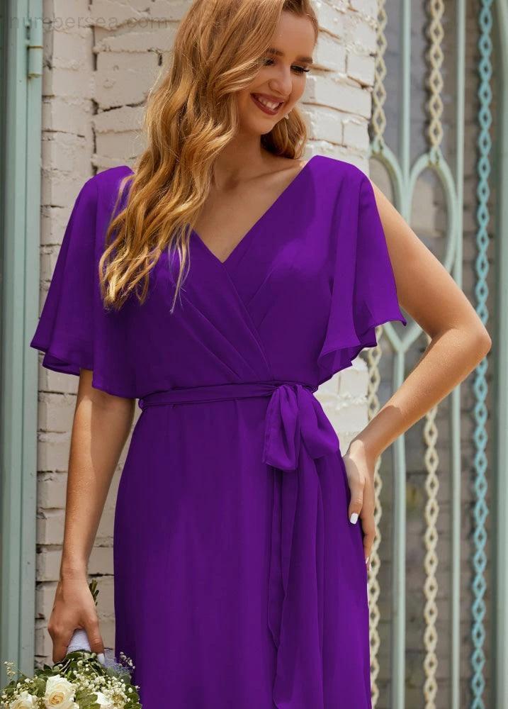 Numbersea V-Neck Bridesmaid Dress Long Formal Dresses with Belt for 28022