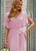 Numbersea V-Neck Bridesmaid Dress Long Formal Dresses with Belt for 28022