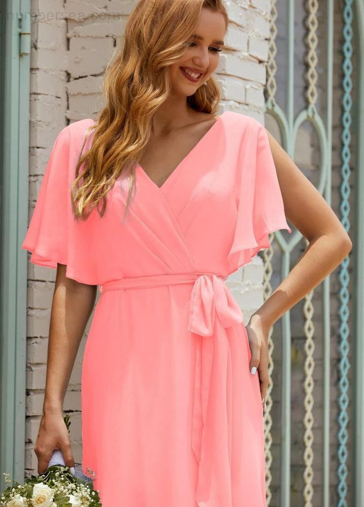 Numbersea V-Neck Bridesmaid Dress Long Formal Dresses with Belt for 28022