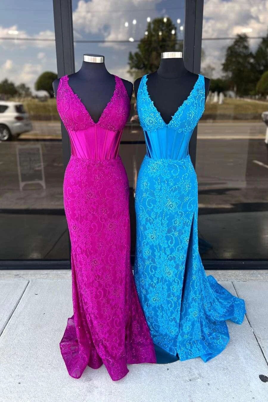 Glitter Navy Mermaid Sweep Train Prom Dress With Slit