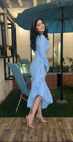 Mermaid Light Blue Women's Prom Dresses V Neck Long Sleeves Formal Occasion Dress Temperament Evening Dress Y4764