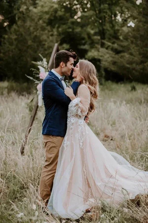 V Neck Long Sleeve Wedding Dress Rustic Wedding Gown WD725
