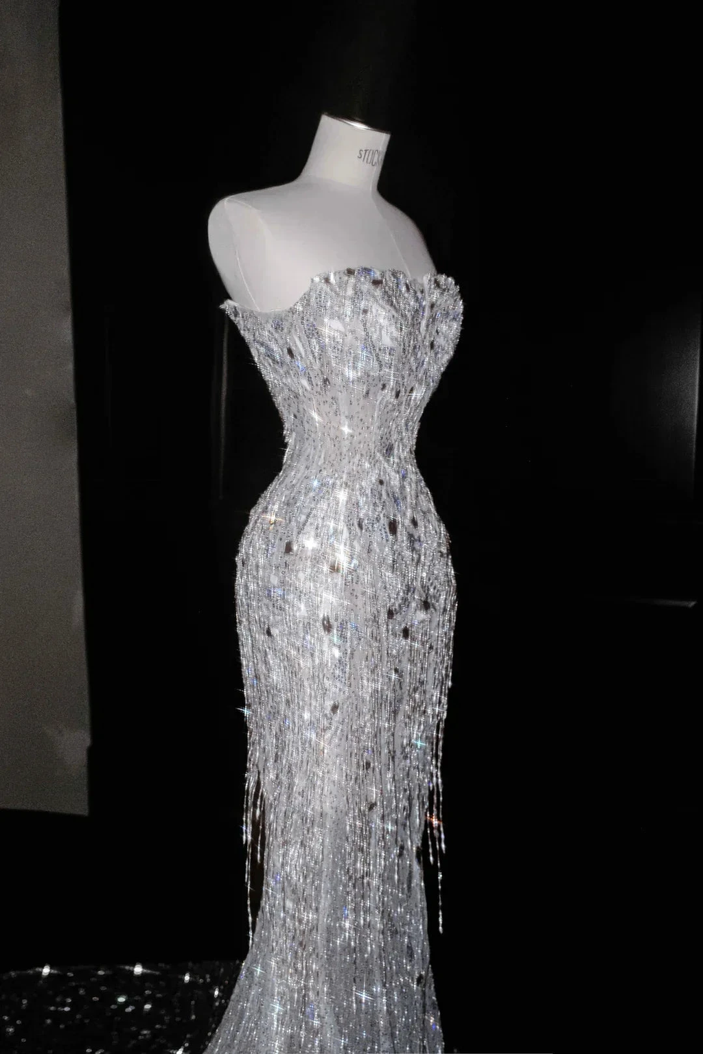 Sparkly Strapless Tulle Sequins Tassel Evening Dress,Slit Mermaid Prom Dress Wedding Dress Y8674