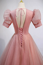 Pink V-Neck Tulle Long Prom Dresses A-Line Short Sleeve Evening Dresses Y892