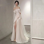 Off Shoulder Satin Wedding Dress White Mermaid Long Bridal Gown with Slit Y7336