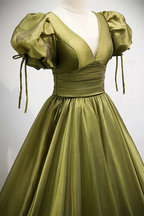 Green v neck tulle long prom dress A line evening dress Y898