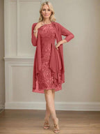 Sheath/Column Scoop Illusion Knee-Length Lace Chiffon Mother of the Bride Dress With Cascading Ruffles Sequins