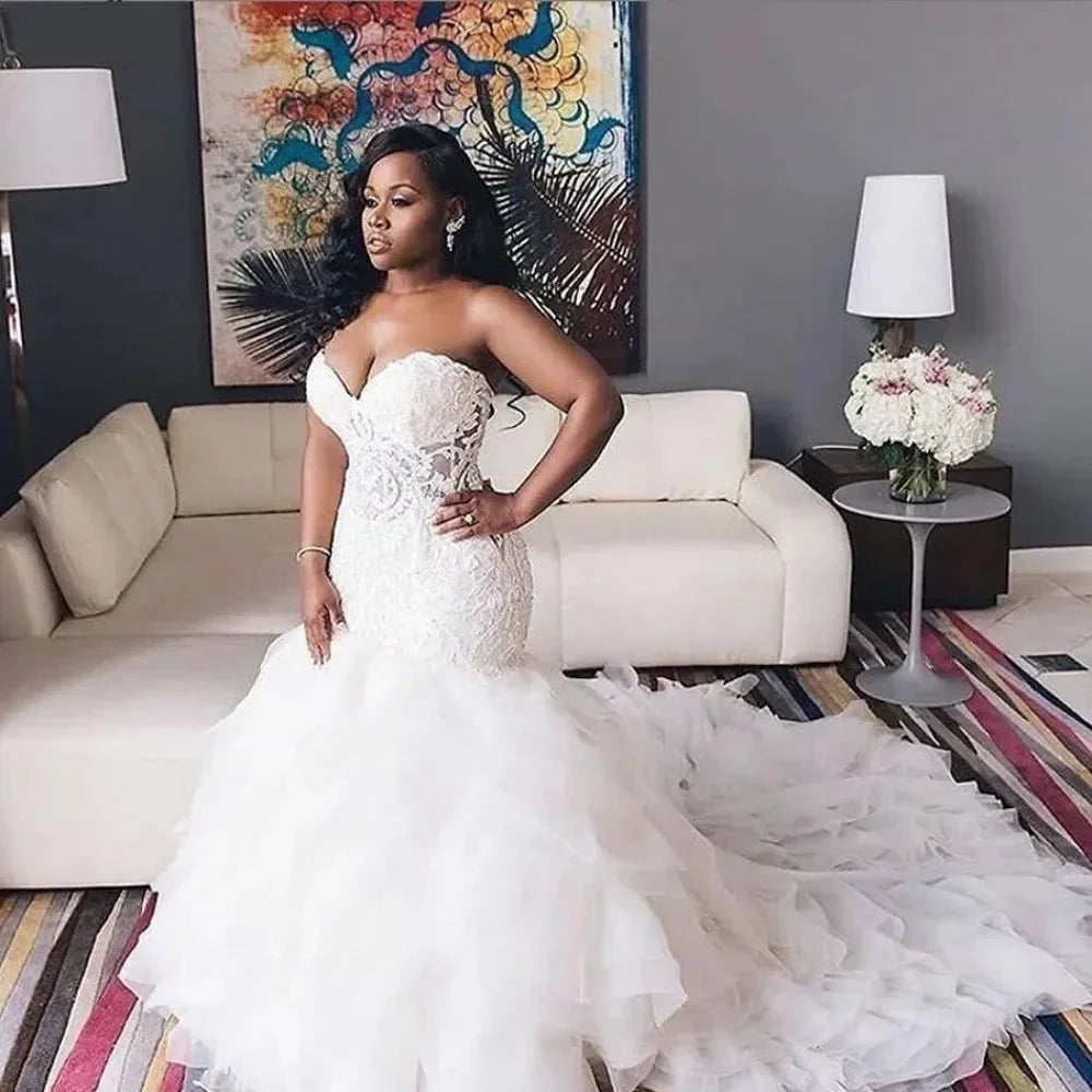 Vestidos De Novia Vintage Lace African Wedding Dresses Sweetheart Mermaid Back Lace Up Tiered Skirts Plus Size Bridal Gowns
